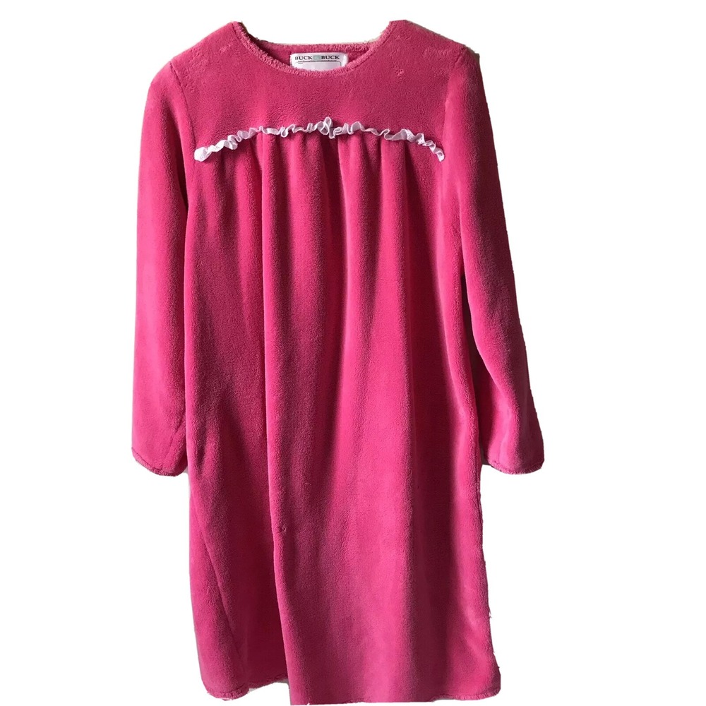 Vintage 70's pink chenille robe house coat button shoulder snaps duster M/L